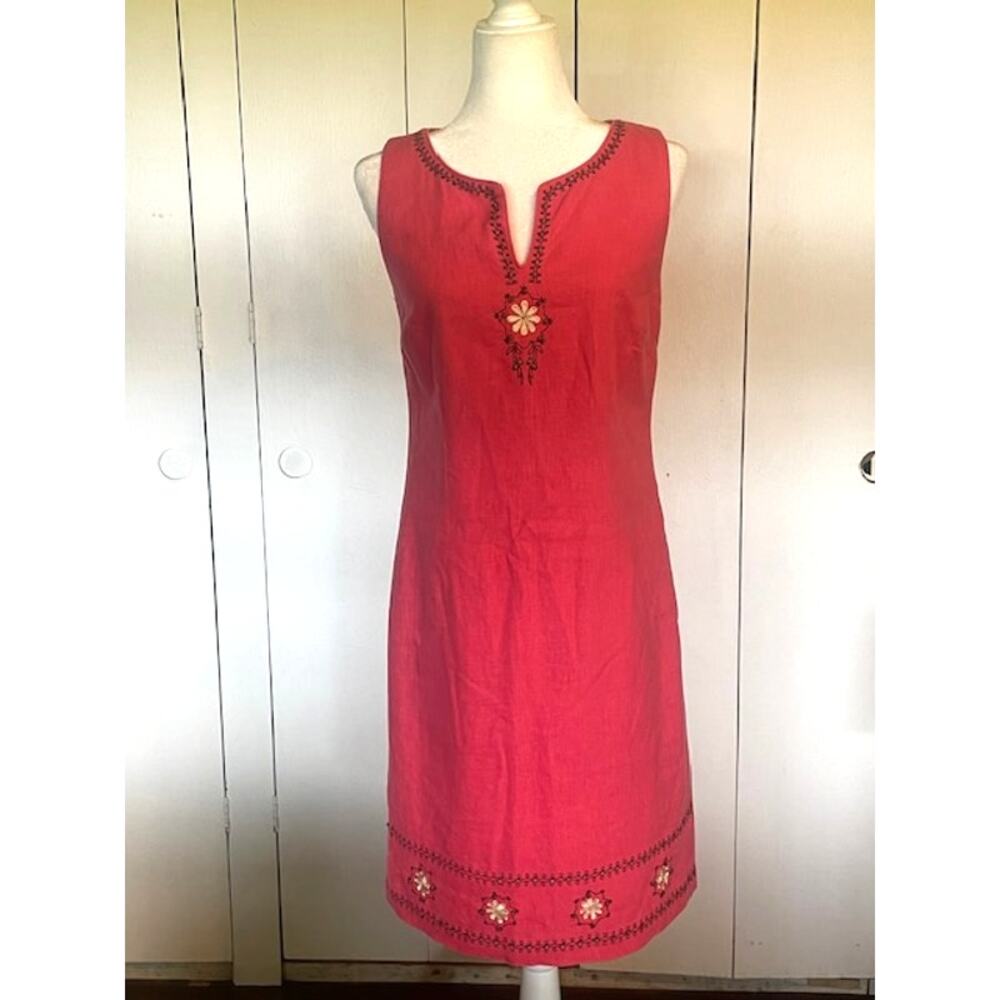 Sag Harbor Women Size 8 Sleeveless Linen Dress Fuschia‎ Pink w/ Embroidery